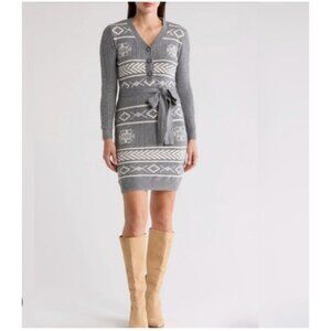 Lucky Brand Gray/White Belted Sweater Dress Nordic Pattern Size 1X